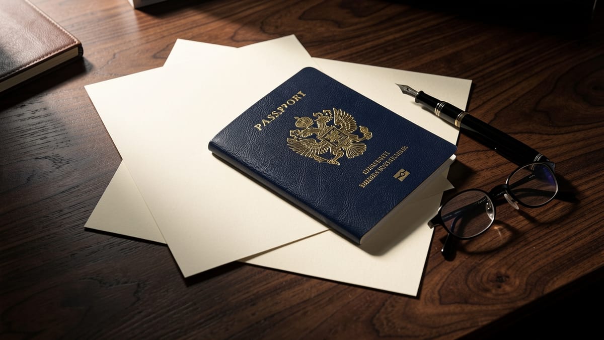 Passaporte fechado sobre mesa de madeira escura ao lado de caneta-tinteiro e óculos de leitura