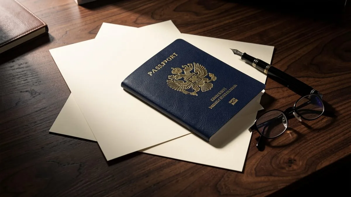 Passaporte fechado sobre mesa de madeira escura ao lado de caneta-tinteiro e óculos de leitura
