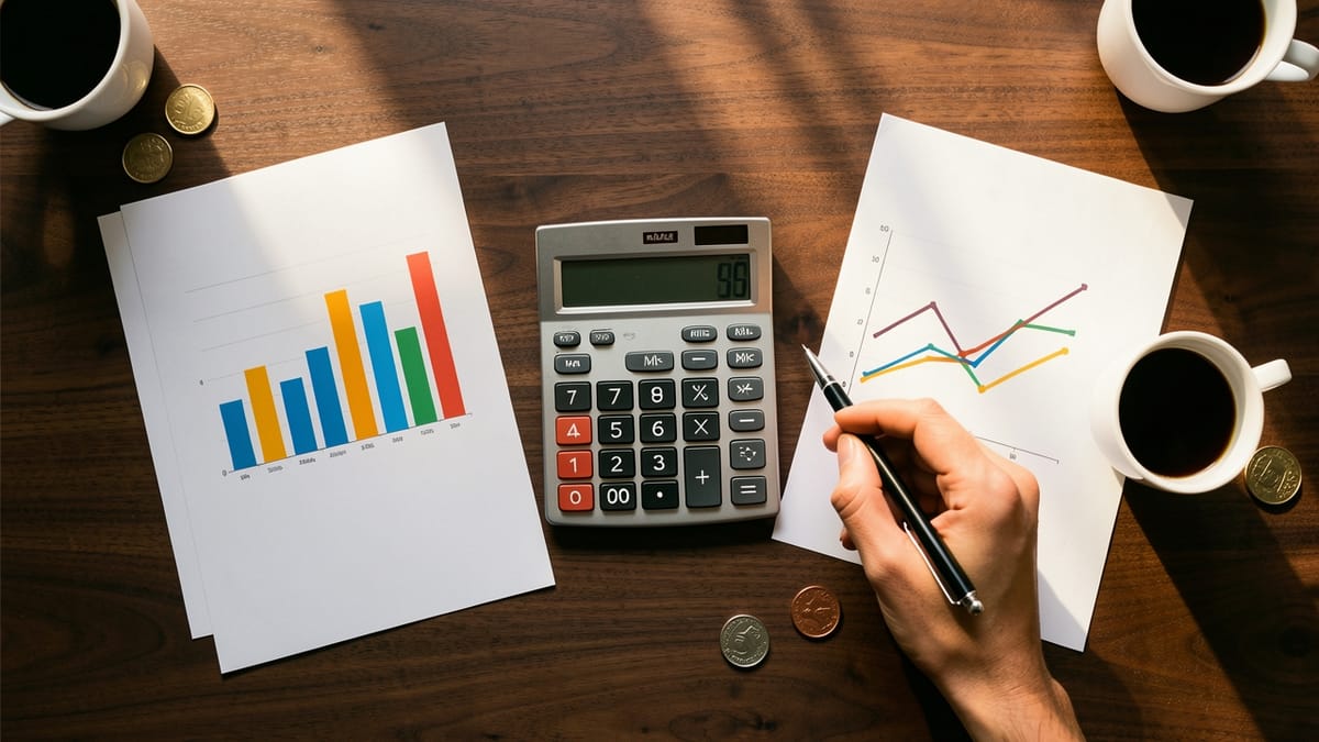 Vista de cima de mesa de trabalho com calculadora, gráficos impressos, moedas e xícara de café