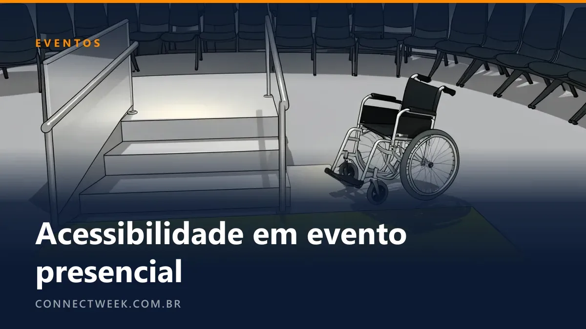 Entrada de evento com rampa, piso tátil amarelo e cadeira de rodas junto à plateia