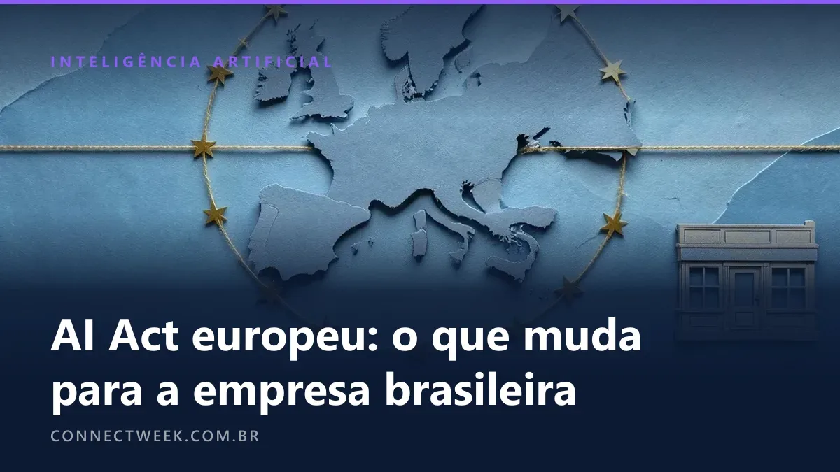 Mapa em papel em relevo com a Europa recortada em azul-cinza cercada por estrelas douradas e um fio dourado ligando-a a uma lojinha na borda da América do Sul