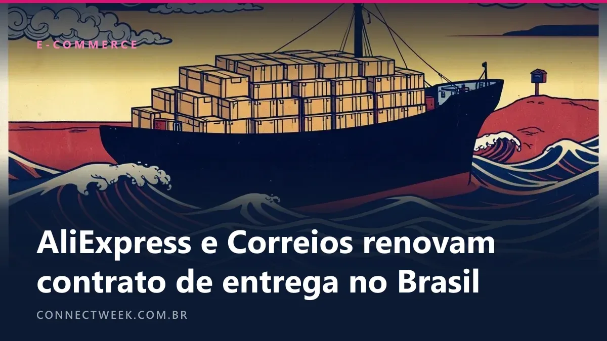Gravura ukiyo-e de um navio carregado de pacotes cruzando ondas estilizadas rumo a uma praia com uma caixa de correio