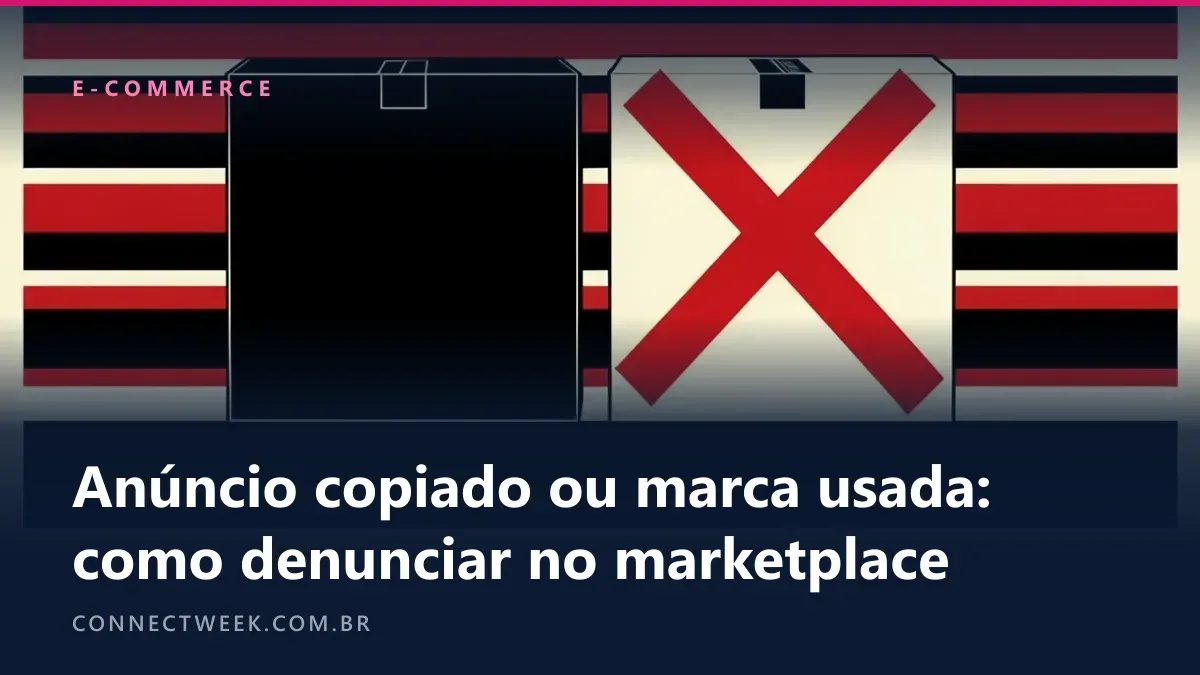 Cartaz industrial em preto, vermelho e creme com duas caixas iguais lado a lado, a da direita riscada por um X vermelho