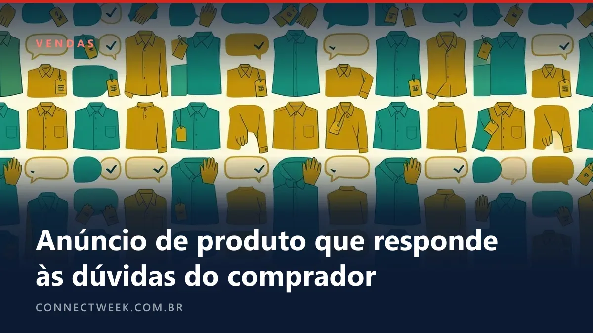Estampa têxtil repetida com etiquetas de produto, camisetas dobradas e balões de fala com marcas de confere em mostarda e verde-azulado