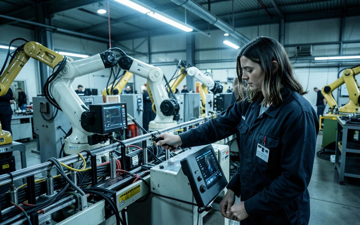 Técnica opera painel de linha de produção automatizada com braços robóticos em fábrica
