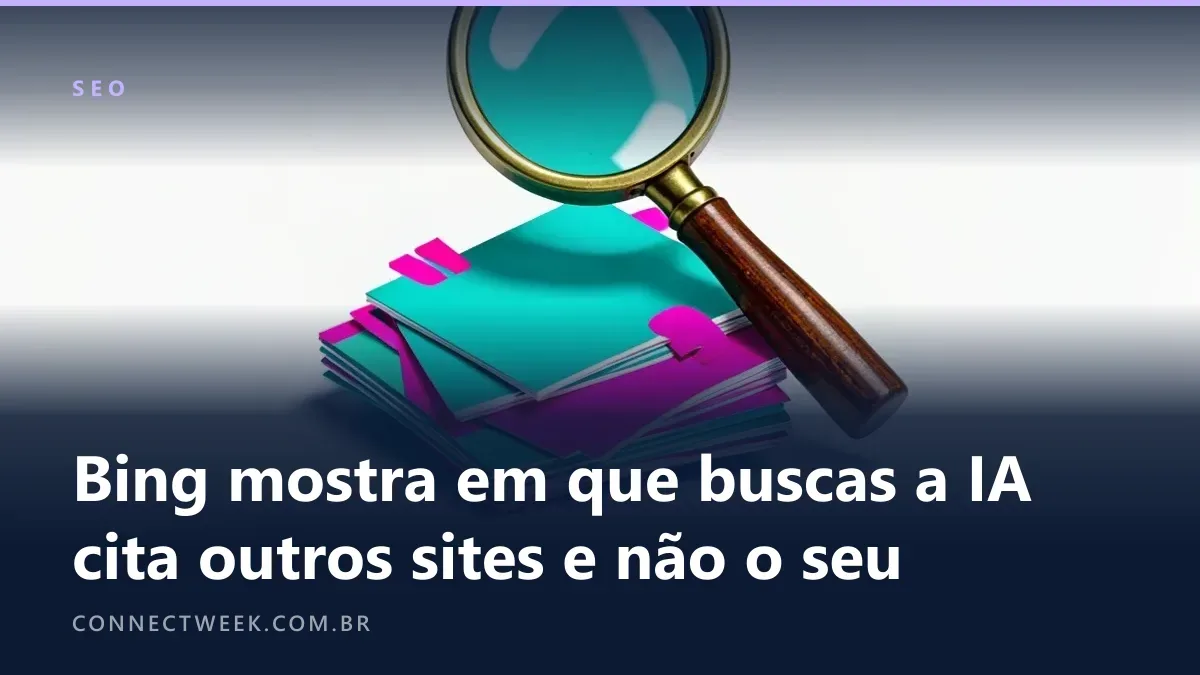 Lupa sobre pilha de páginas, algumas marcadas com fitas coloridas e uma cinza