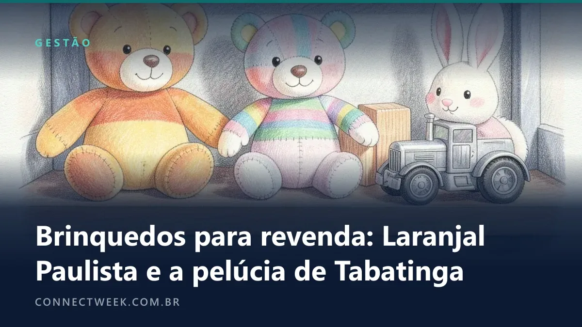 Ilustração de livro infantil a lápis de cor com pelúcias, blocos de madeira e um trator de brinquedo numa prateleira de fábrica