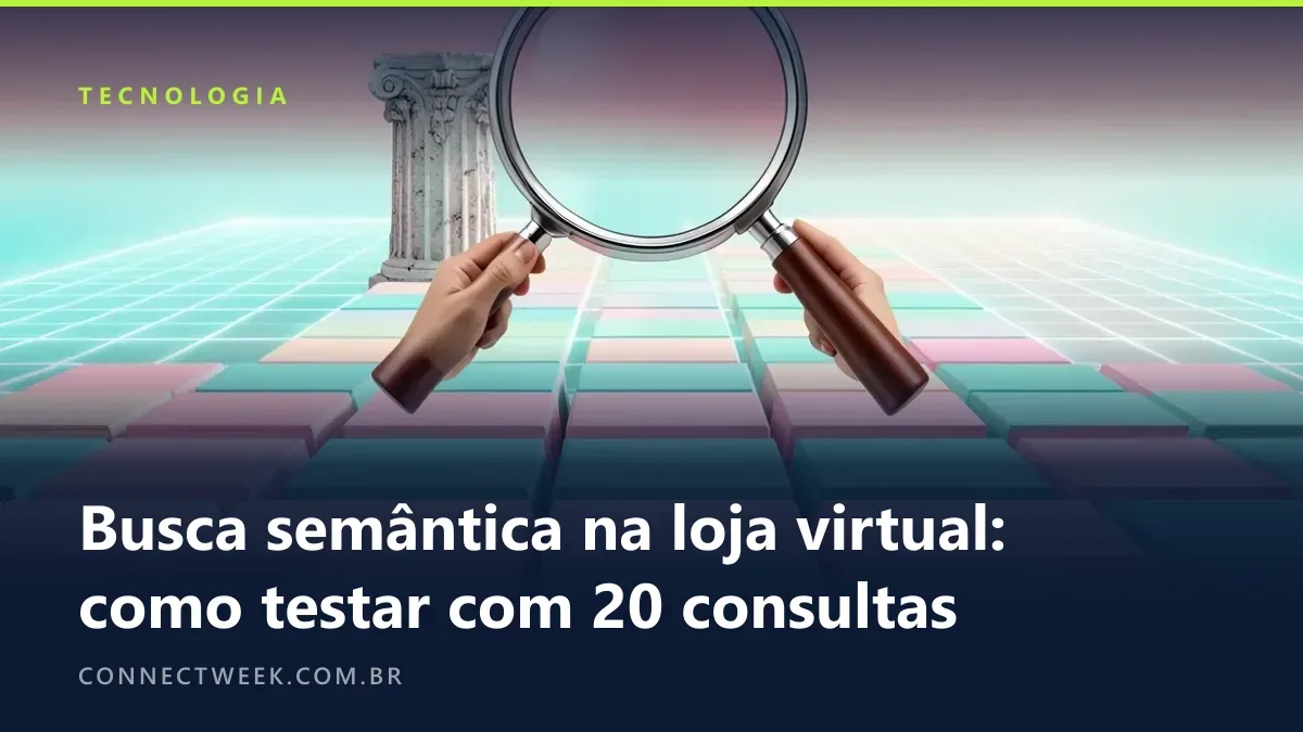 Estética vaporwave com lupa sobre uma grade de caixas de produto em rosa e turquesa, fundo de pôr do sol e horizonte de grade