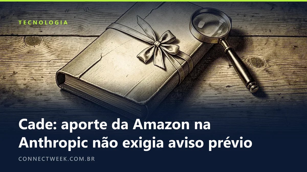 Gravura em sépia de um livro grosso fechado e amarrado com fita sobre uma mesa de madeira, com uma lupa por cima