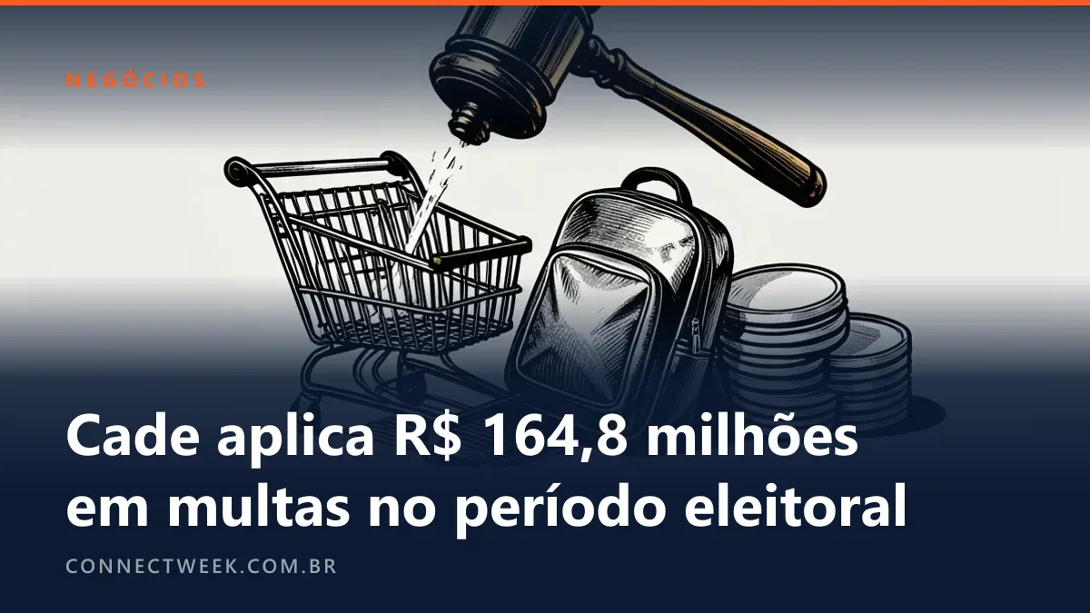 Martelo de juiz descendo sobre um carrinho de supermercado e uma mochila de entrega, ao lado de uma pilha de discos