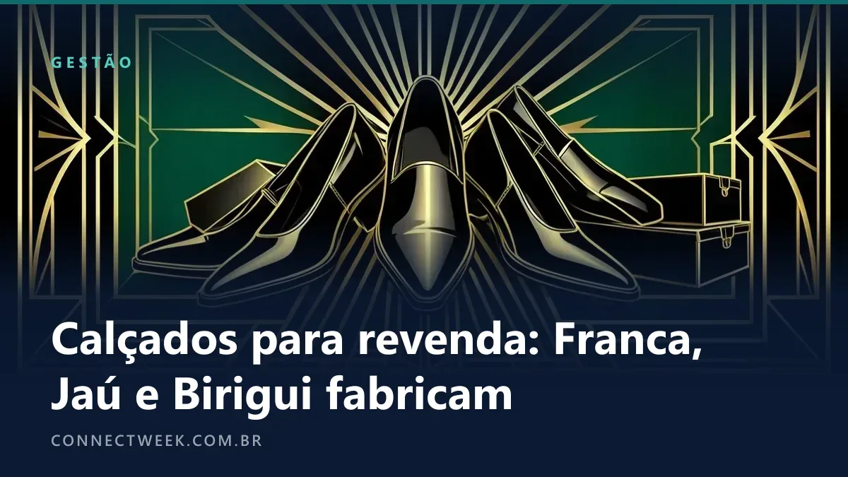 Ilustração art déco em dourado, preto e verde-esmeralda com três calçados em leque sobre um raio de sol geométrico