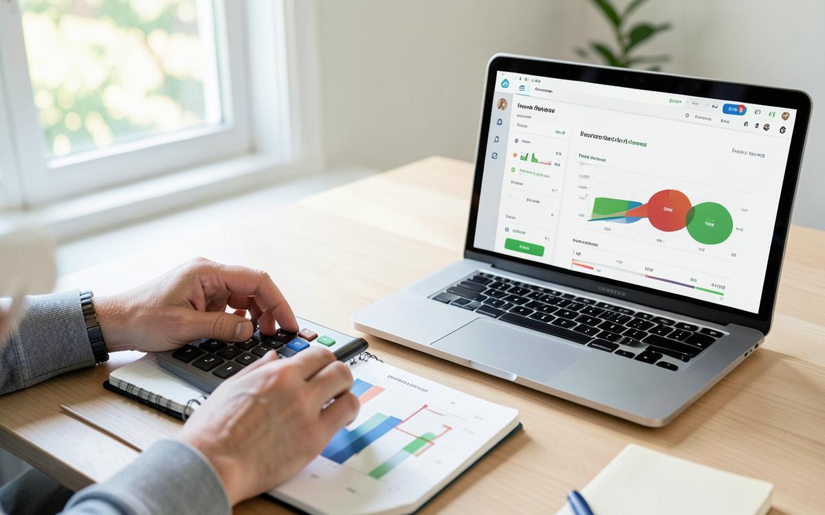 Mãos usando calculadora ao lado de notebook com gráficos de ponto de equilíbrio