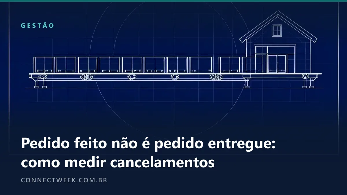 Desenho técnico em linhas brancas sobre azul de uma esteira levando caixas até uma casa, com vãos por onde algumas caem