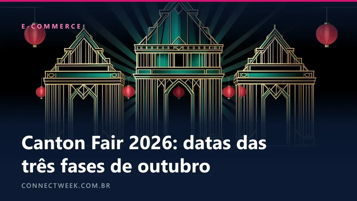 Ilustração art déco de três pavilhões de exposição em fila, cada um com um telhado diferente, e lanternas vermelhas entre eles