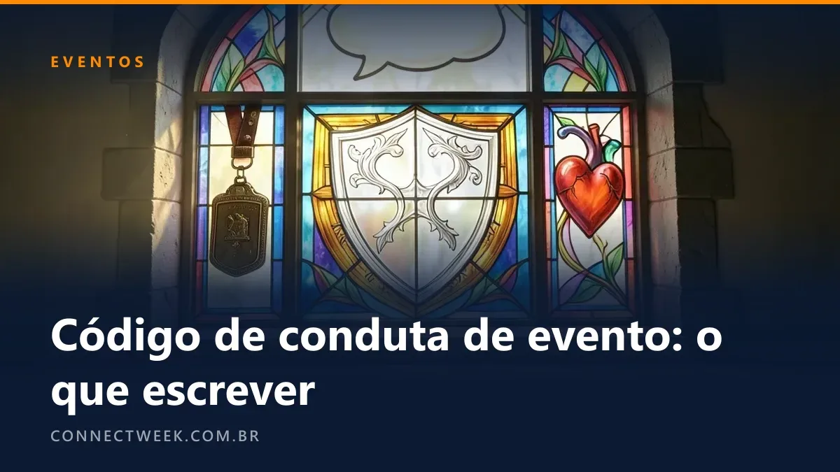 Vitral com escudo ao centro e painéis com crachá, balão de fala e coração
