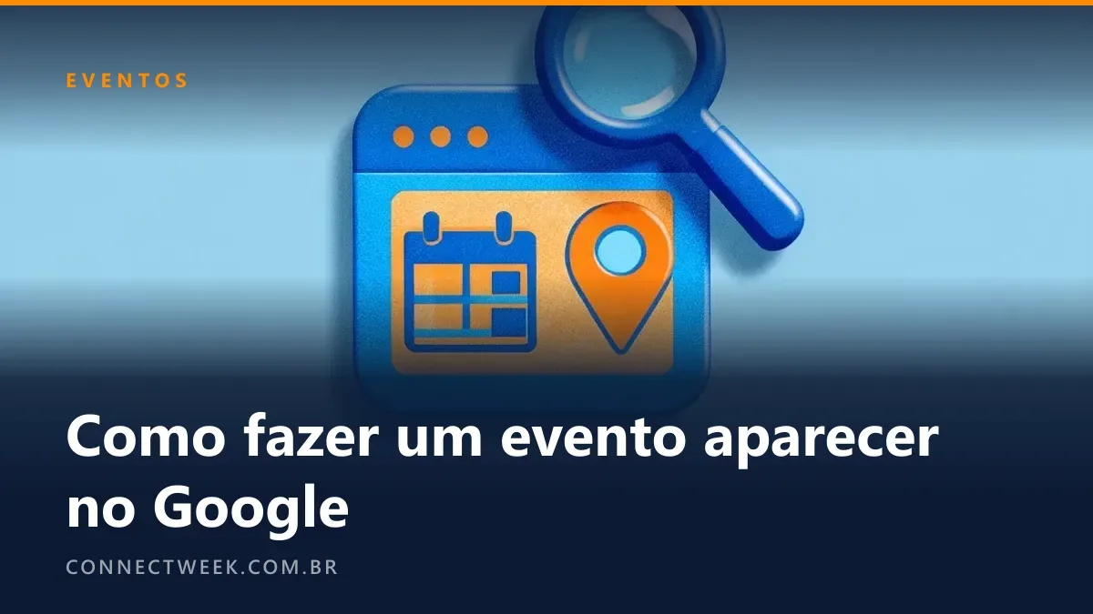 Cartão de resultado de busca com calendário e pino de mapa sob uma lupa