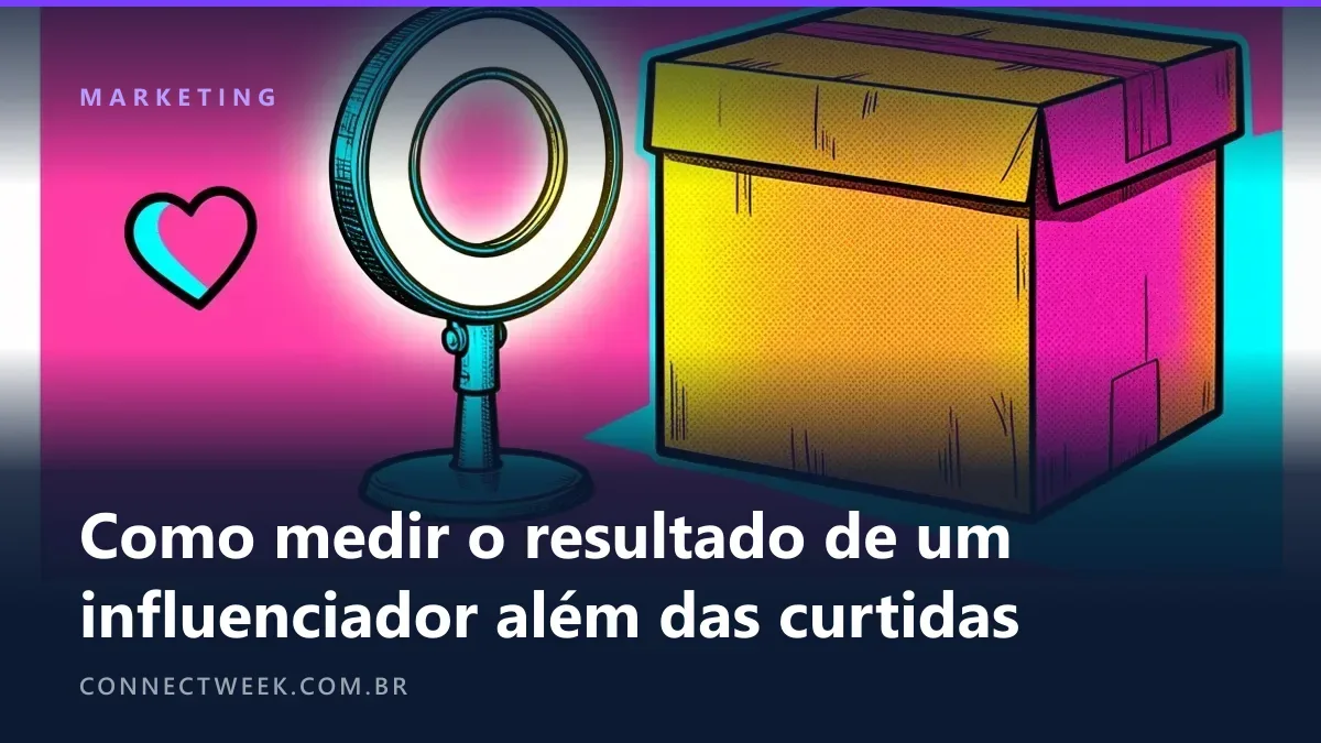 Arte pop com um coração pequeno à esquerda, um ring light no meio e uma caixa de papelão bem maior à direita