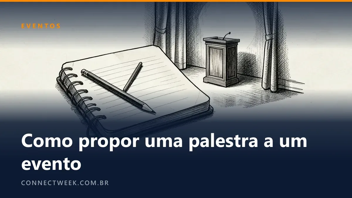 Caderno, lápis e desenho de um palco com púlpito iluminado