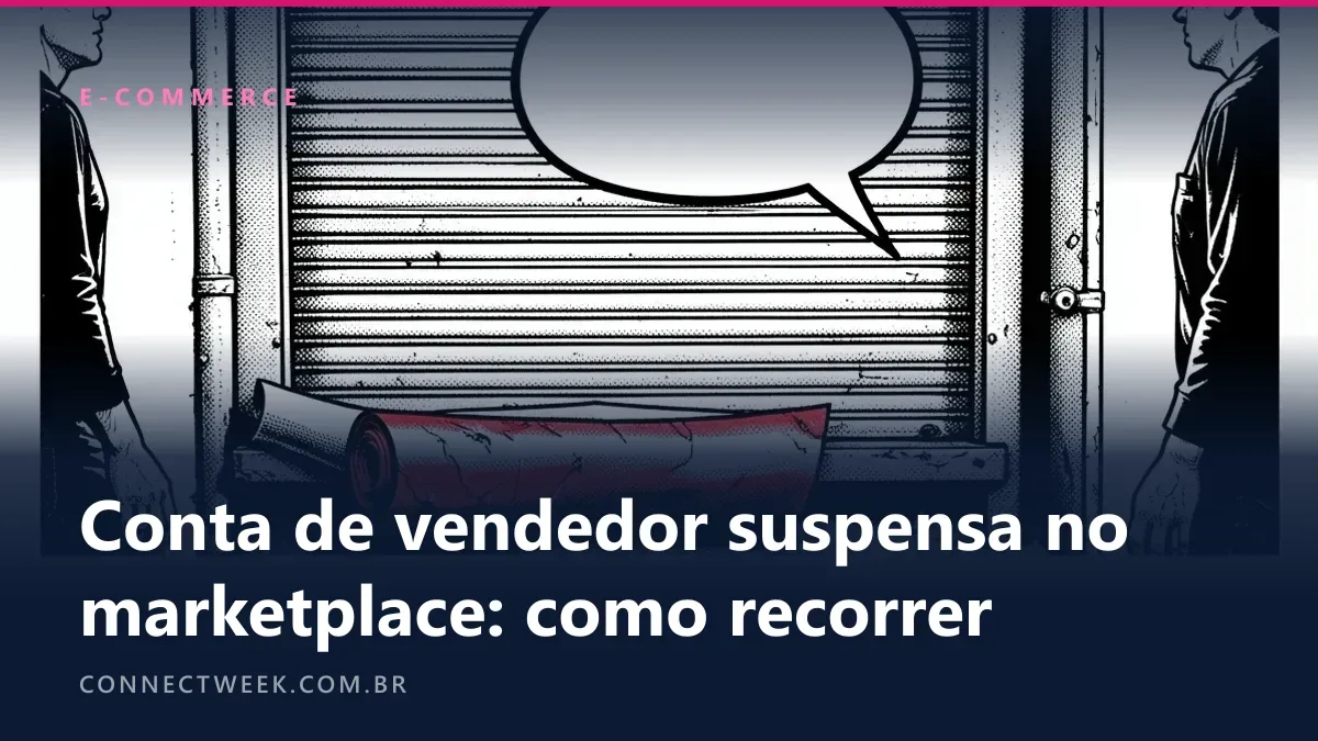 Quadrinho em preto e branco com acento vermelho: loja com persiana fechada e um papel enrolado passando por baixo