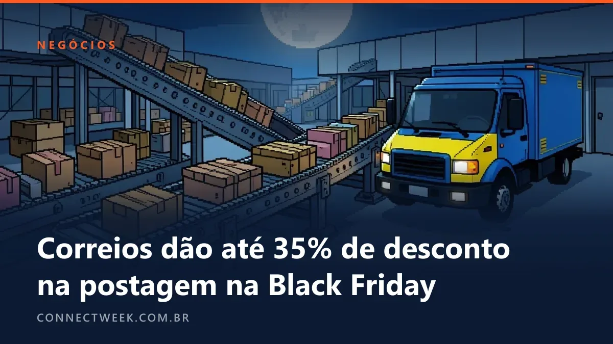 Centro de triagem em pixel art com esteiras de pacotes e caminhão postal