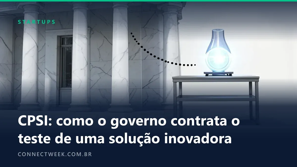 Prédio público ligado por linha pontilhada a um protótipo numa bancada de testes