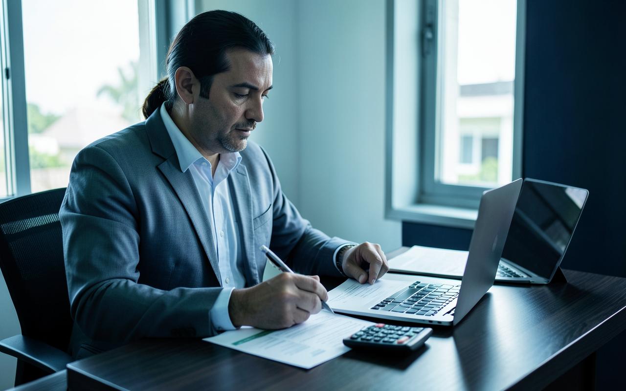 Empresário analisando documentos de crédito bancário com laptop e calculadora
