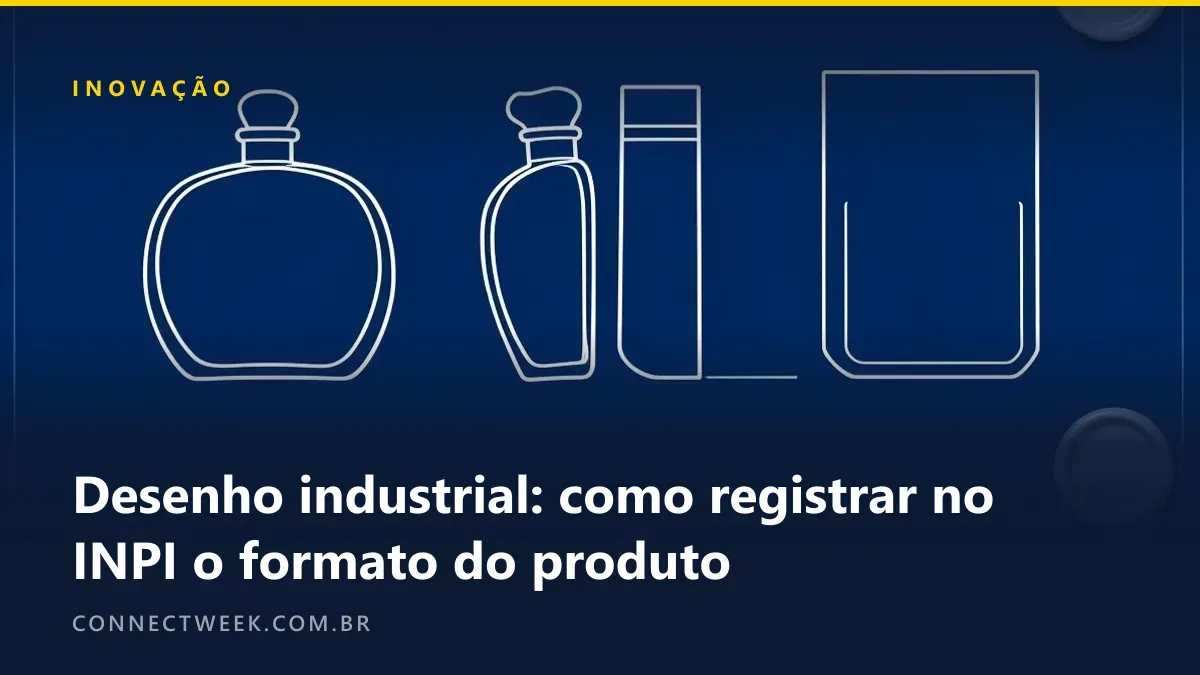 Planta técnica de um frasco curvo e sua caixa em três vistas com selo em branco