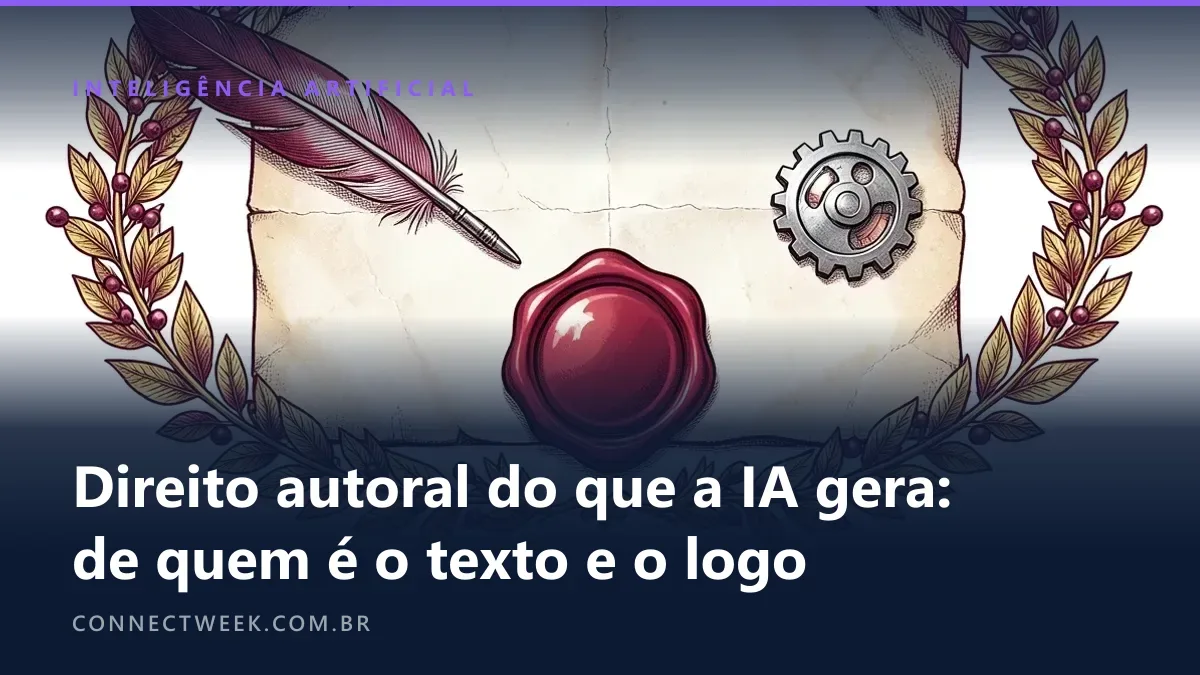 Pergaminho em branco com um grande selo de cera vermelha, uma pena à esquerda e uma engrenagem à direita apontando para o selo, com bordas de louro