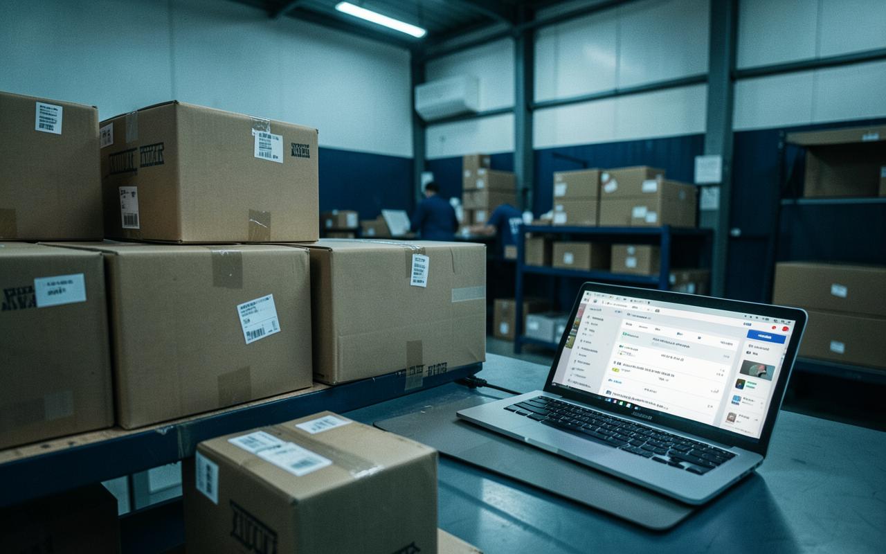 Estação de expedição de e-commerce com caixas, etiquetas e laptop de pedidos