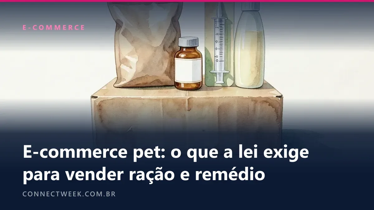 Ração, frasco de remédio veterinário, seringa embalada e xampu sobre uma caixa