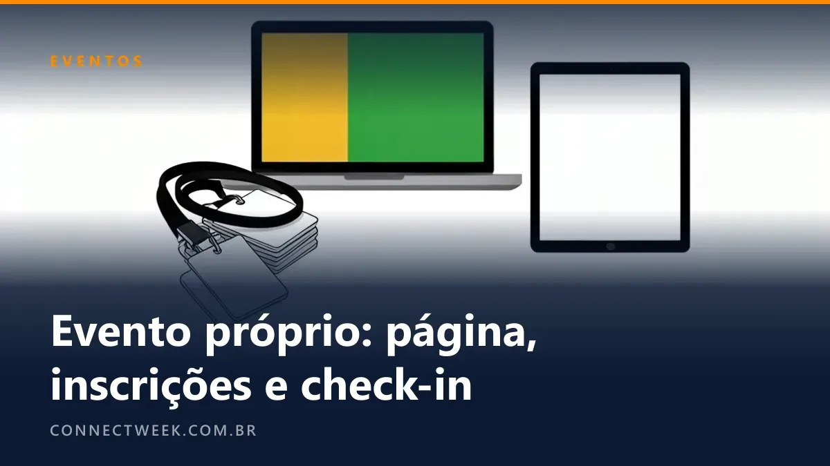 Notebook com blocos coloridos na tela, crachás em branco e tablet na recepção