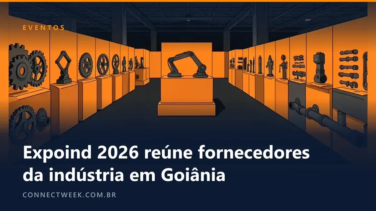 Pavilhão de feira com estandes exibindo engrenagens, braço robótico e tubos