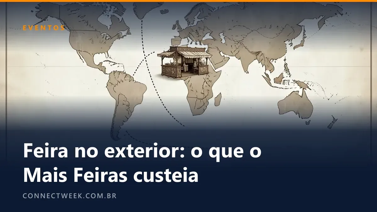 Mapa-múndi antigo com rota pontilhada do Brasil até um estande em outro continente