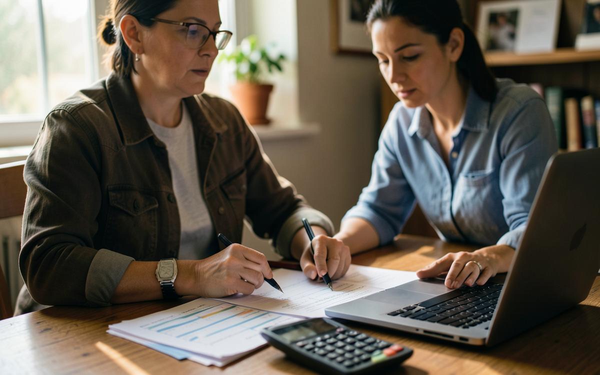 Empreendedora revisa planilhas de fluxo de caixa com calculadora e notebook sobre a mesa