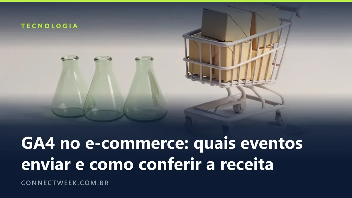 Render 3D fosco em tons pastel: béqueres de vidro, carrinho de compras e um recibo no fim de uma esteira