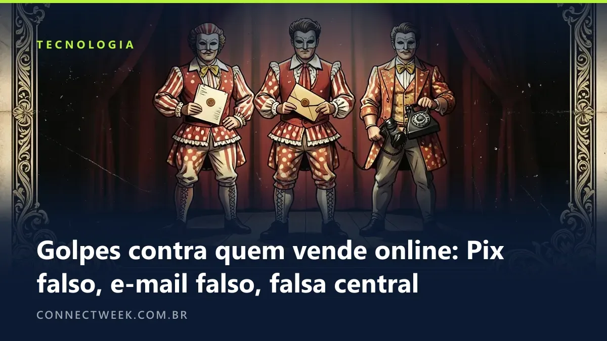 Cartaz de circo vintage com três figuras mascaradas num palco: uma com um recibo em branco, outra com um envelope e outra com um telefone antigo
