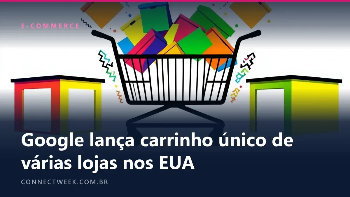 Um carrinho de compras no centro recebendo produtos de várias lojas coloridas