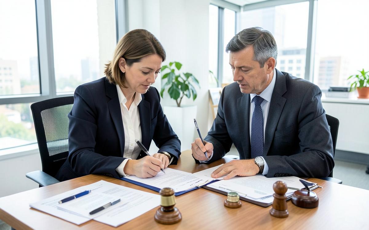 Empreendedora assina documentos de abertura de empresa ao lado de contador