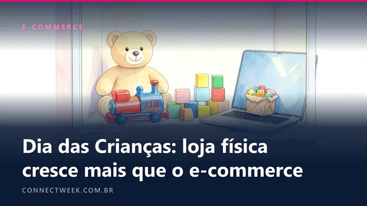 Vitrine de loja de brinquedos com urso e trem ao lado de um notebook com pacote