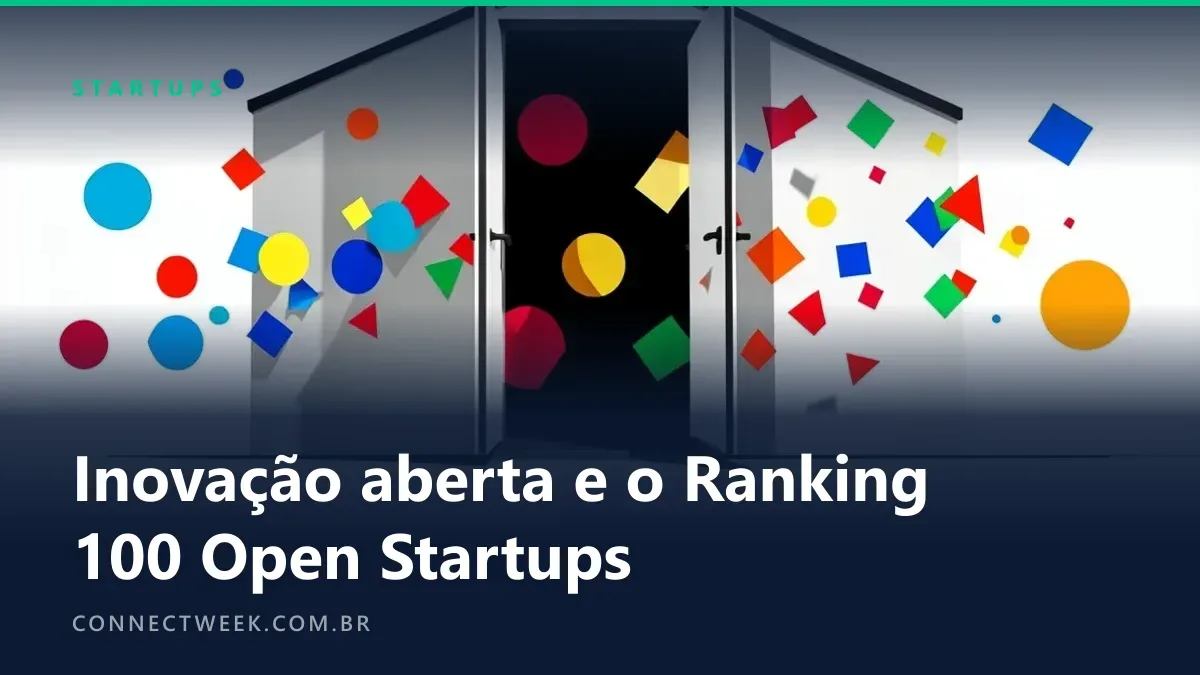 Prédio com portas abertas e formas geométricas entrando e saindo