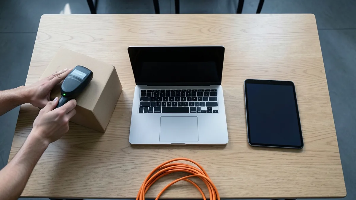 Mão passando leitor de código de barras em caixa lisa sobre mesa com notebook e tablet apagados