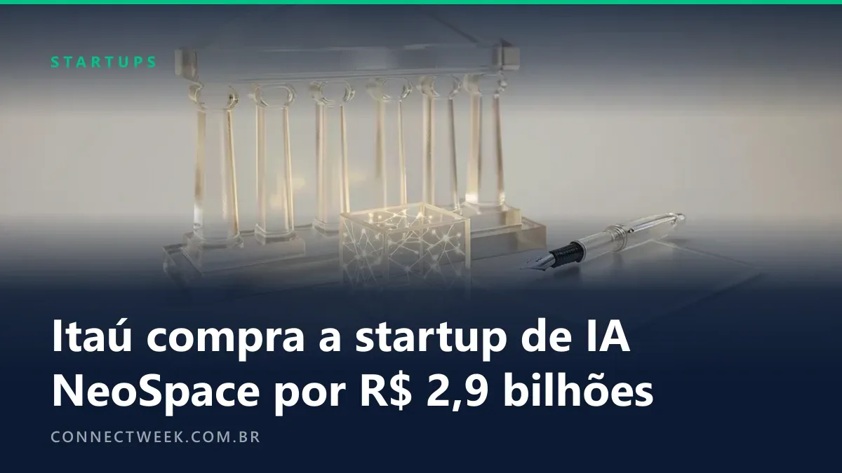 Prédio de banco em vidro fosco recebendo um cubo luminoso com rede neural, diante de um contrato e uma caneta