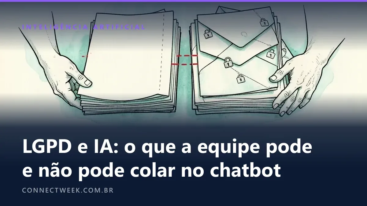 Desenho a tinta sobre papel de caderno: uma pilha de folhas abertas separada de envelopes lacrados por uma linha tracejada vermelha