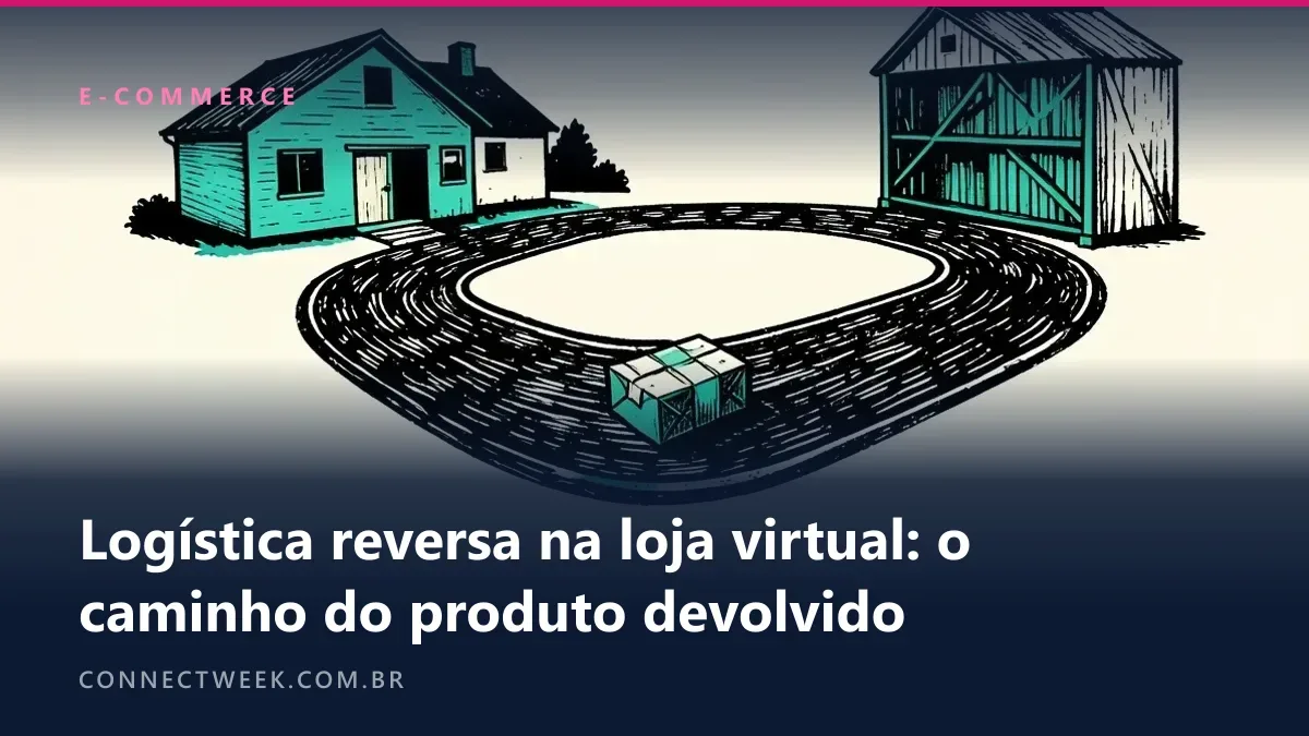 Linogravura em preto com acento verde-azulado de uma estrada que sai de uma casa e volta a uma prateleira de armazém, com um pacote no meio