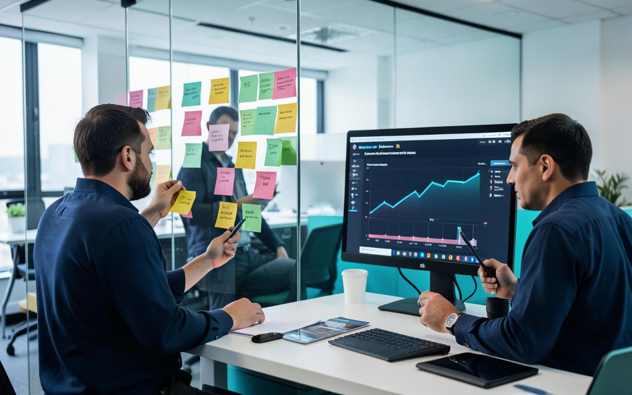 Equipe de marketing planejando estratégia de conteúdo B2B com painel de métricas