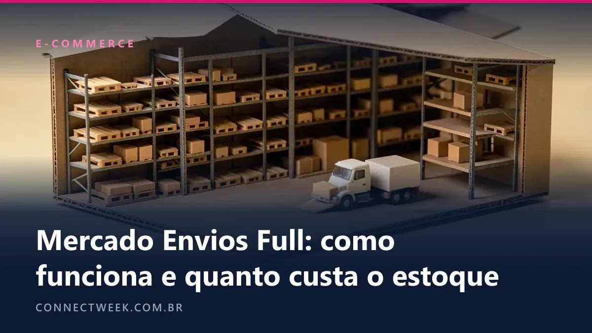 Maquete de um centro de distribuição sem telhado, com fileiras de estantes, paletes em miniatura e uma doca com um caminhão