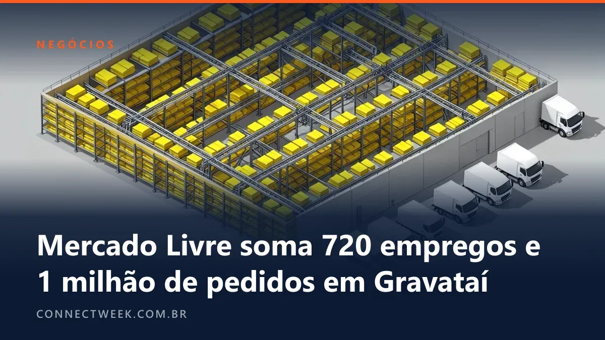 Centro de distribuição isométrico com esteiras levando centenas de pacotes amarelos