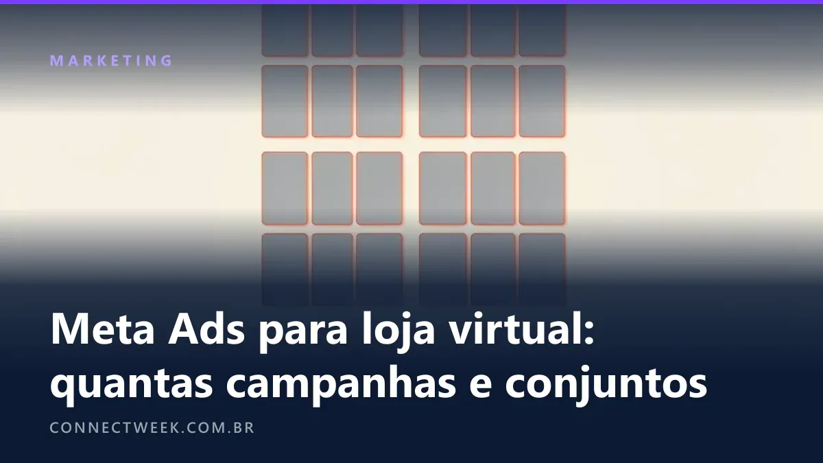 Composição minimalista com quadradinhos cinza agrupados em quatro conjuntos, cada um ligado por uma linha coral