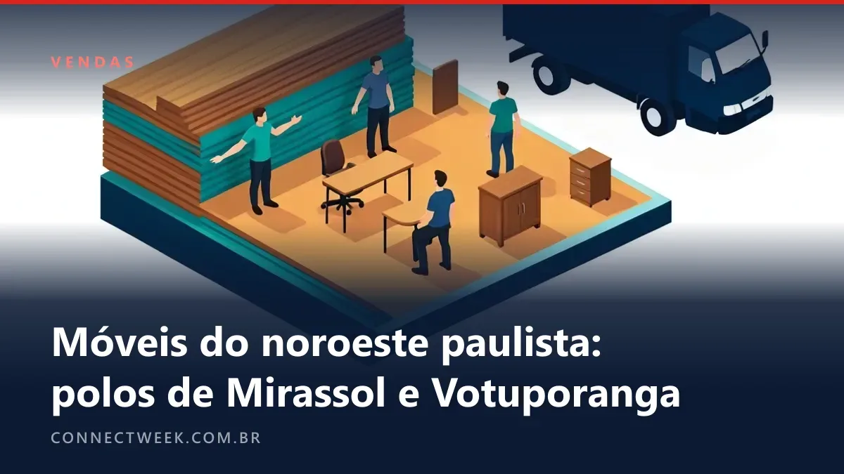 Ilustração isométrica de um chão de fábrica em corte com painéis de madeira empilhados, cadeira, mesa e armário, e um caminhão ao fundo