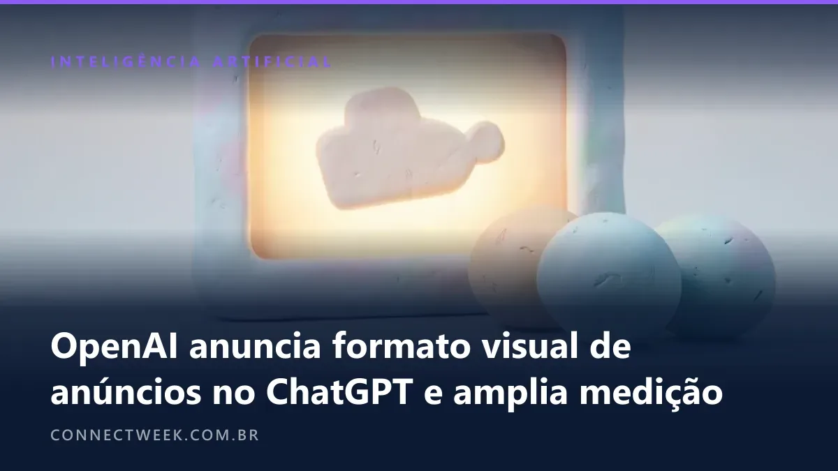 Render em massinha pastel: moldura de vitrine com um painel de anúncio arredondado e silhueta de produto, e medidores ao lado